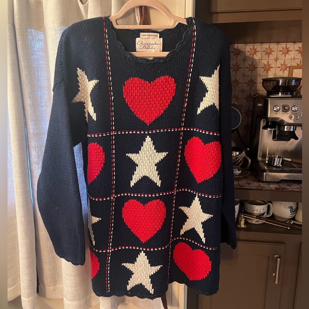 Christopher & Banks Blue and Red Crew Neck Sweater